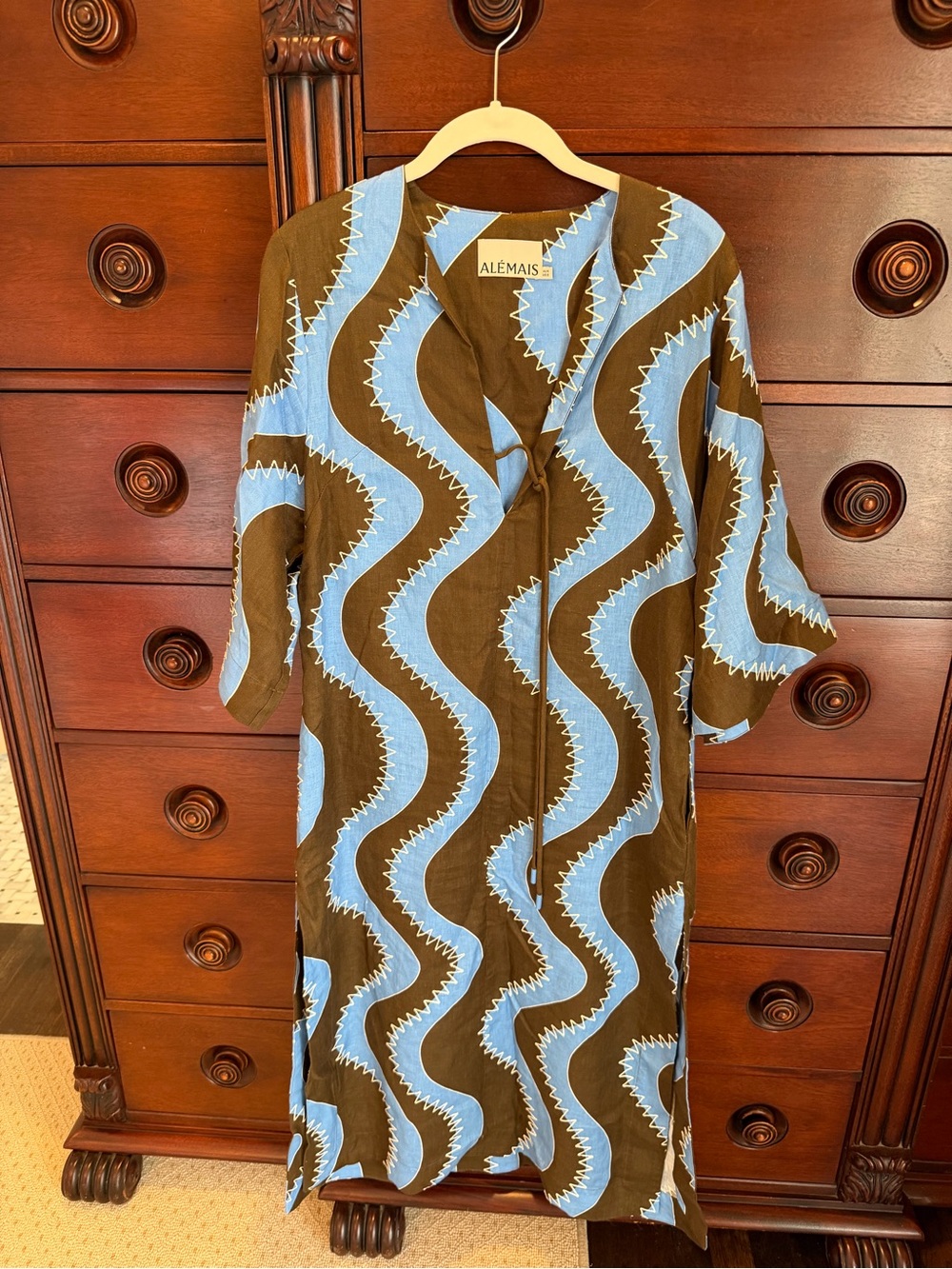 Alemais Brown and Light Blue Wave-Print Midi Dress